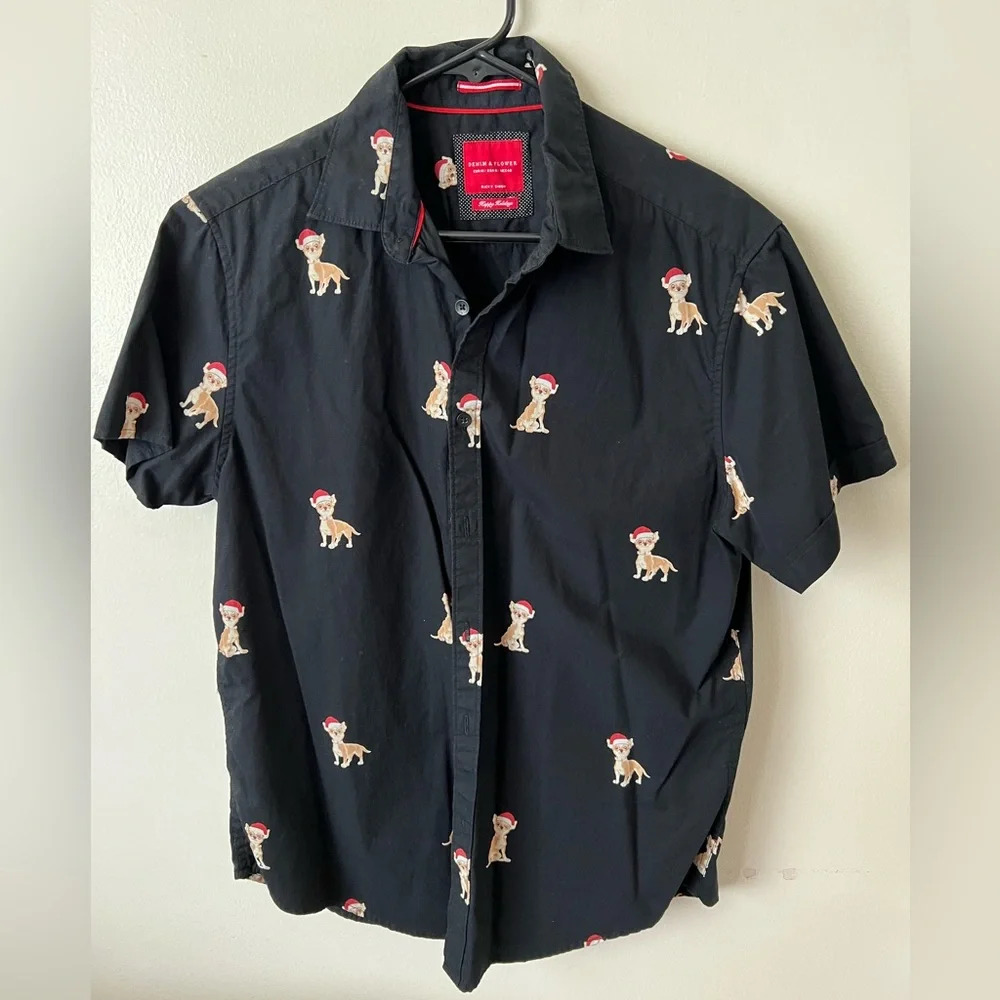 Men’s Denim & Flower Santa Chihuahua Christmas Holiday Black Button Shirt Top M